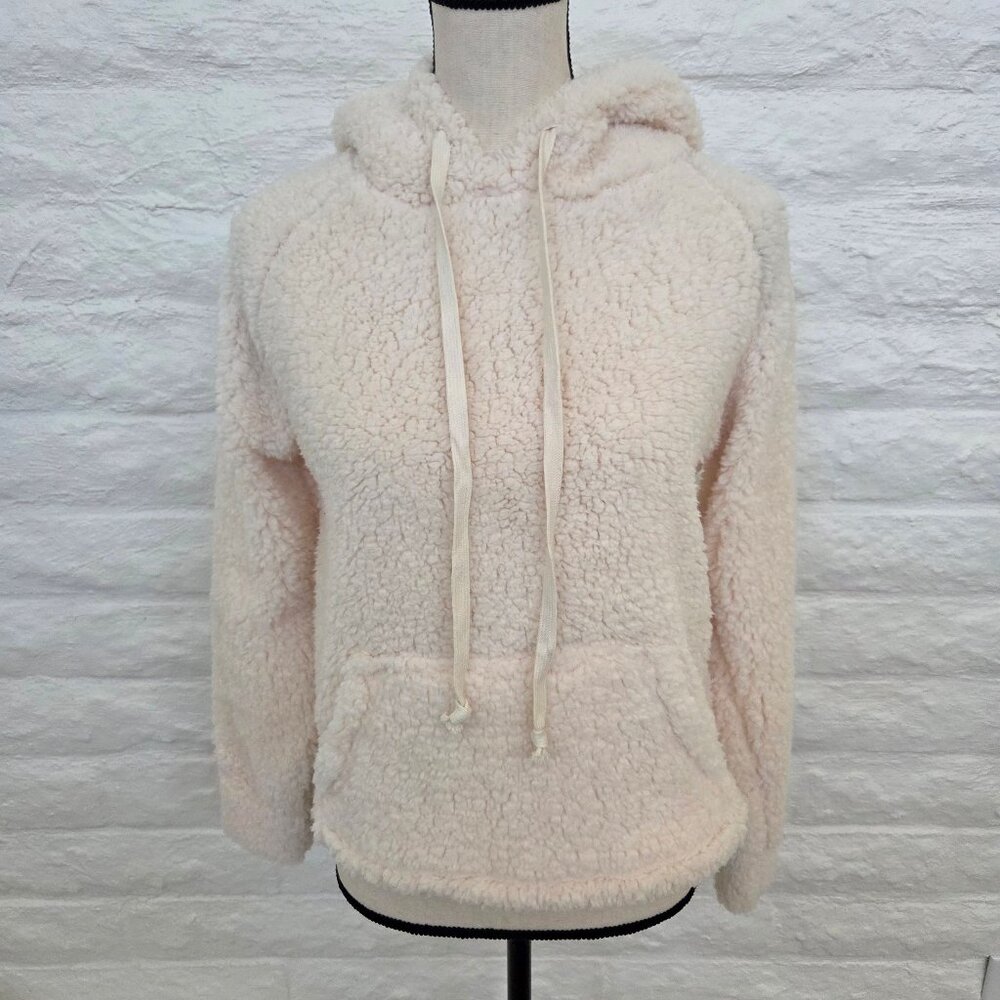 Juniors White Teddy Sherpa Hoodie Sweatshirt Medium Pullover Tie Pocket Jacket